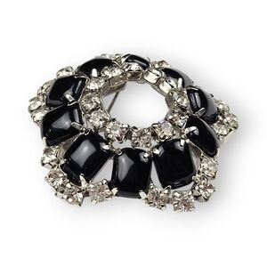 Vintage Domed Rhinestone Brooch Black White Glass Flower Star Rhodium Plated